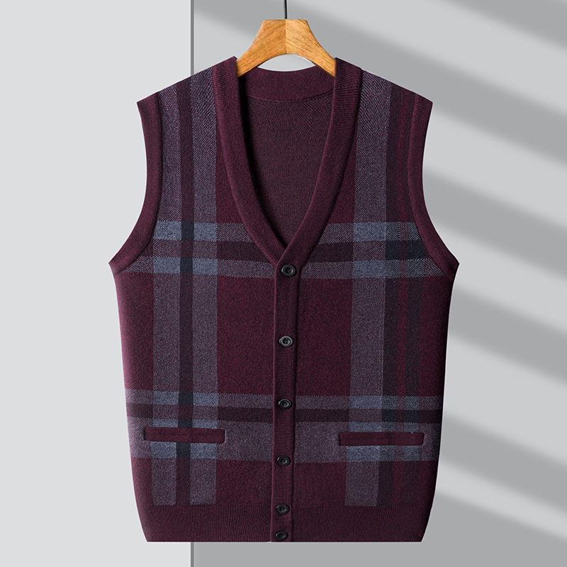Férfi kötött kardigán-vest V-nyakkal, ujj nélkül, jacquard kötés, gyapjú 30–35%, vastag