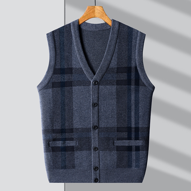 Férfi kötött kardigán-vest V-nyakkal, ujj nélkül, jacquard kötés, gyapjú 30–35%, vastag