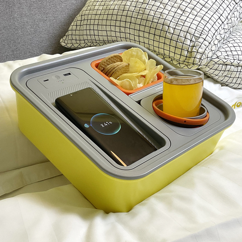 Višenamjenska kutija za grickalice s držačem čaše i bežičnim punjenjem, ABS+PP, kvadratnog oblika, za unutarnju i vanjsku upotrebu