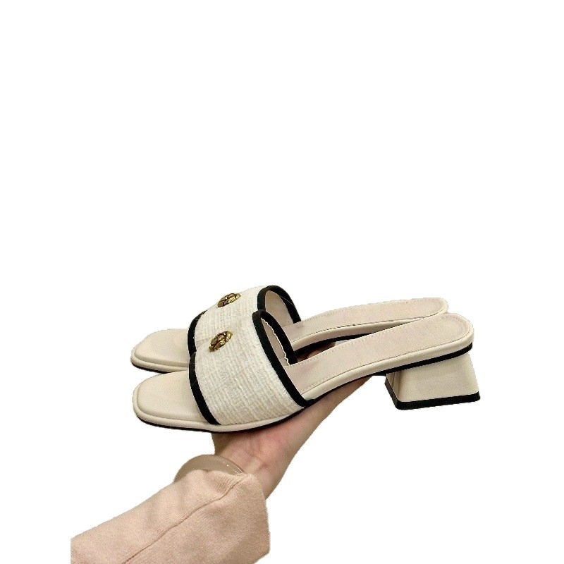 Ženske sandale s debelim petama, jednim remenom, kvadratnim vrhom prsta, gumena potplata, korejski stil