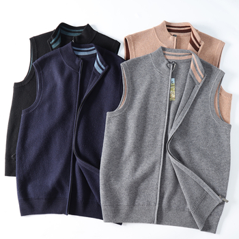 100% gyapjú férfi ujj nélküli vastag téli kardigán-vest, cipzárral és rever nyakkal, laza szabás