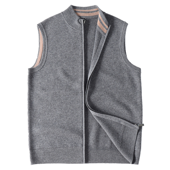 100% gyapjú férfi ujj nélküli vastag téli kardigán-vest, cipzárral és rever nyakkal, laza szabás