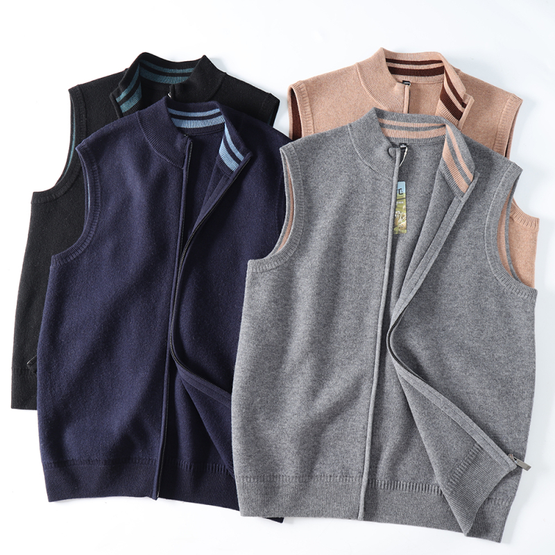 100% gyapjú férfi ujj nélküli vastag téli kardigán-vest, cipzárral és rever nyakkal, laza szabás