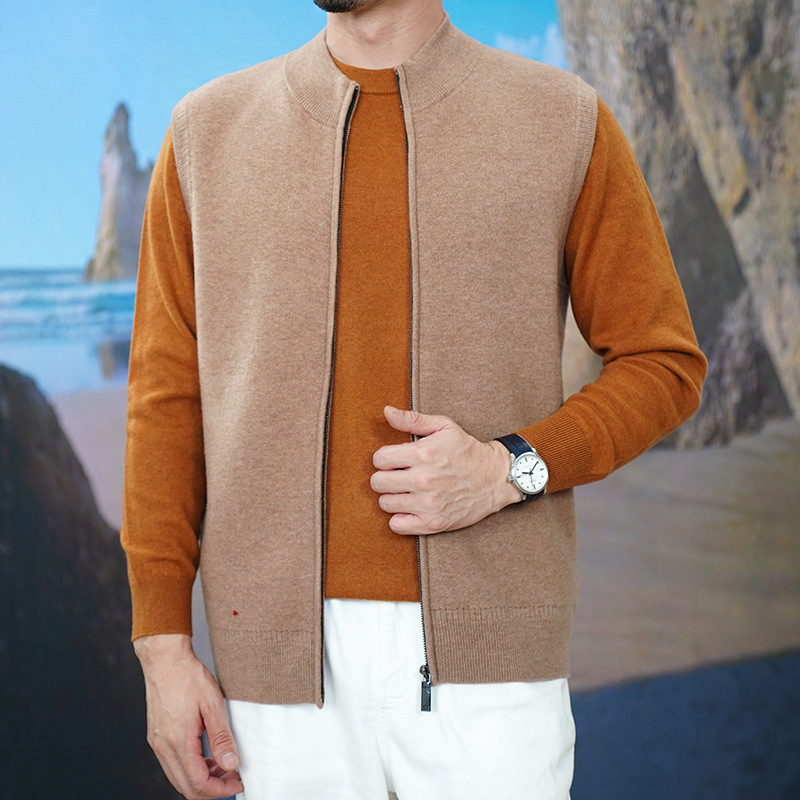 100% gyapjú férfi ujj nélküli vastag téli kardigán-vest, cipzárral és rever nyakkal, laza szabás