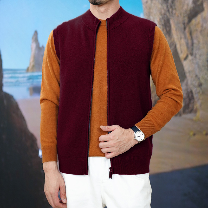 100% gyapjú férfi ujj nélküli vastag téli kardigán-vest, cipzárral és rever nyakkal, laza szabás