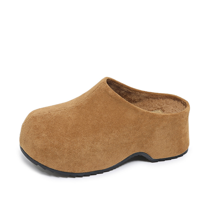 Ženske papuče s debelim potplatom i nosnim kapom, dnevni casual stil, gornji dio od nubuka goveda, potplata od gume, debljina potplata 3–5 cm, zatvaranje Kick