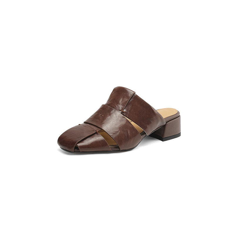 Toe Cap Mule s otvorenim pletenim vrhom, debeli pet, ovčja koža, gumena potplat, podstava od svinjske kože, casual stil, Zima 2025
