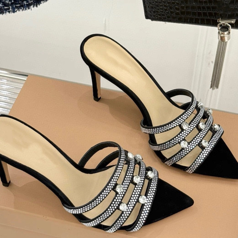 Sandale s rhinestones, s jednim remenom, otvoreni prsti, tanka potpetica 6-8 cm