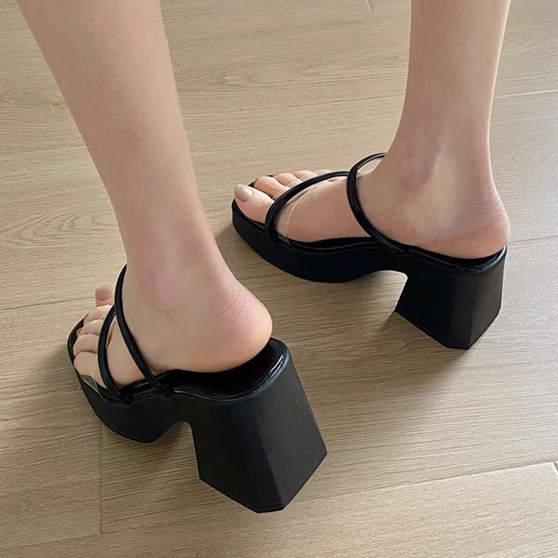 Ženske papuče s PVC gornjim dijelom, debeli potplat, kvadratni nos, gumeni đon, korejski stil