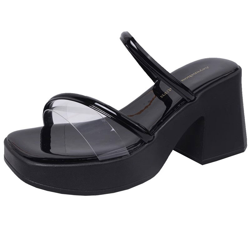 Ženske papuče s PVC gornjim dijelom, debeli potplat, kvadratni nos, gumeni đon, korejski stil
