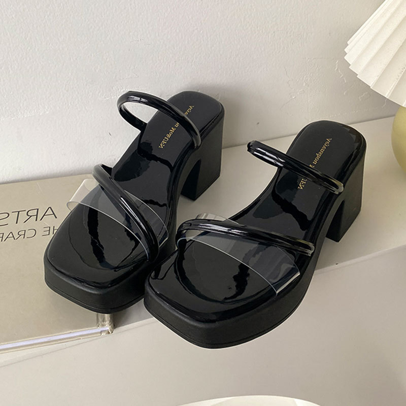 Ženske papuče s PVC gornjim dijelom, debeli potplat, kvadratni nos, gumeni đon, korejski stil