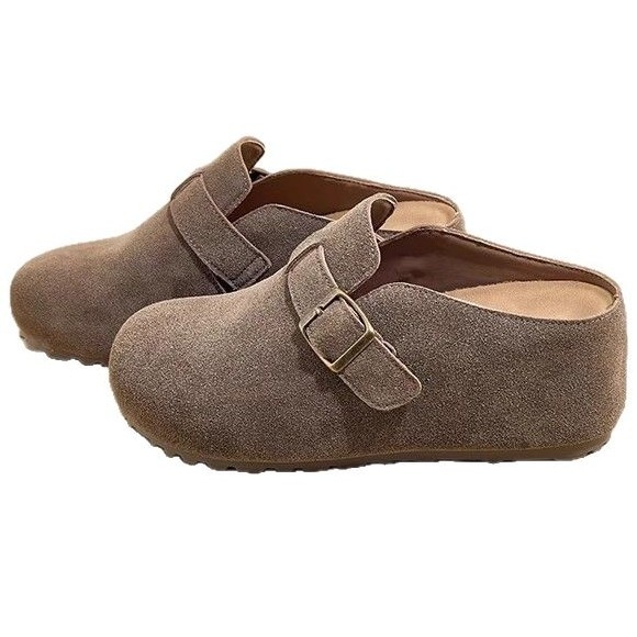 Slip-on papuče s unutarnjom visinom 6 cm, retro debeli đon, gornji dio od kravlje nubuk kože, okrugli vrh, gumeni đon, ljeto 2025