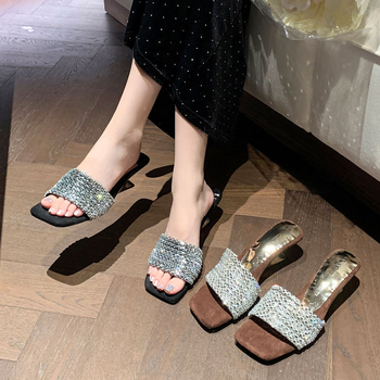 Ženske sandale sa rhinestones na visokim petama, kvadratni vrh, gornji dio: super vlakna, potplat: guma, stil: korejski