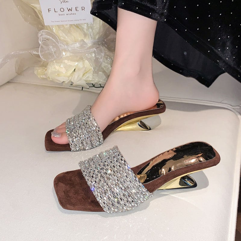 Ženske sandale sa rhinestones na visokim petama, kvadratni vrh, gornji dio: super vlakna, potplat: guma, stil: korejski