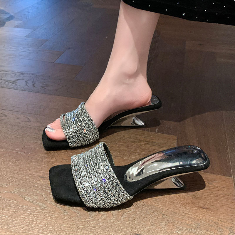 Ženske sandale sa rhinestones na visokim petama, kvadratni vrh, gornji dio: super vlakna, potplat: guma, stil: korejski