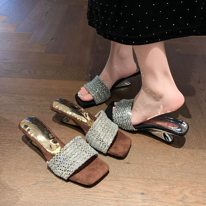 Ženske sandale sa rhinestones na visokim petama, kvadratni vrh, gornji dio: super vlakna, potplat: guma, stil: korejski