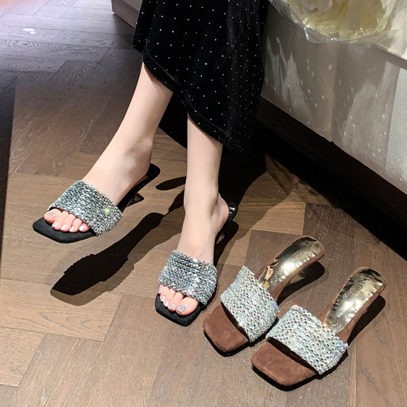 Ženske sandale sa rhinestones na visokim petama, kvadratni vrh, gornji dio: super vlakna, potplat: guma, stil: korejski