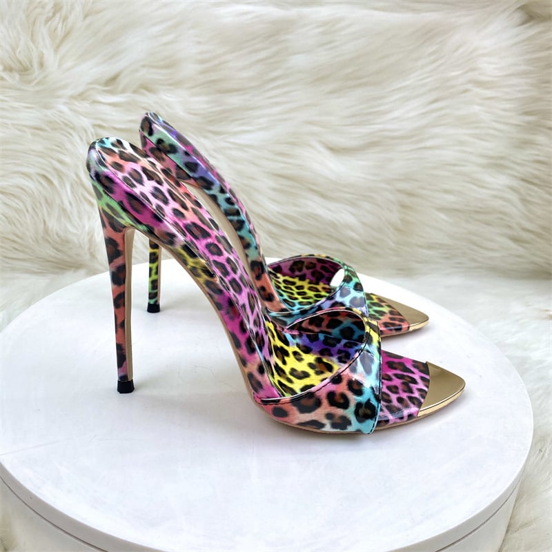 Visoke sandale s leopard printom, špičat nos, gornji dio od mikrovlakana, unutrašnjost od mikrovlakana, PU potplat, tanak potpetica, 12 cm visina pete