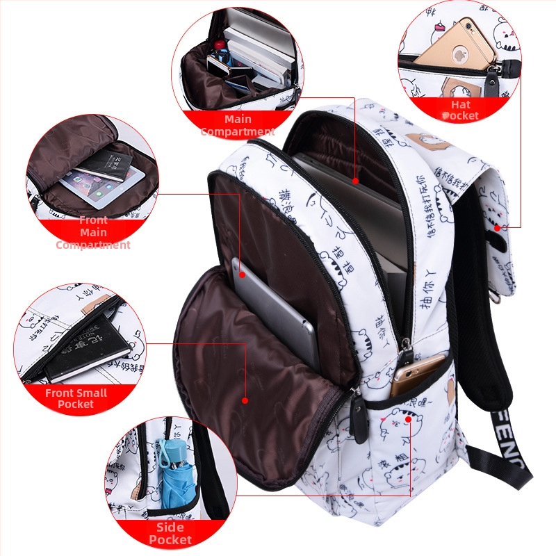 Dievčenská školská taška v kórejskom štýle - ľahká, polyester, textový potlač, kapacita pod 20 L