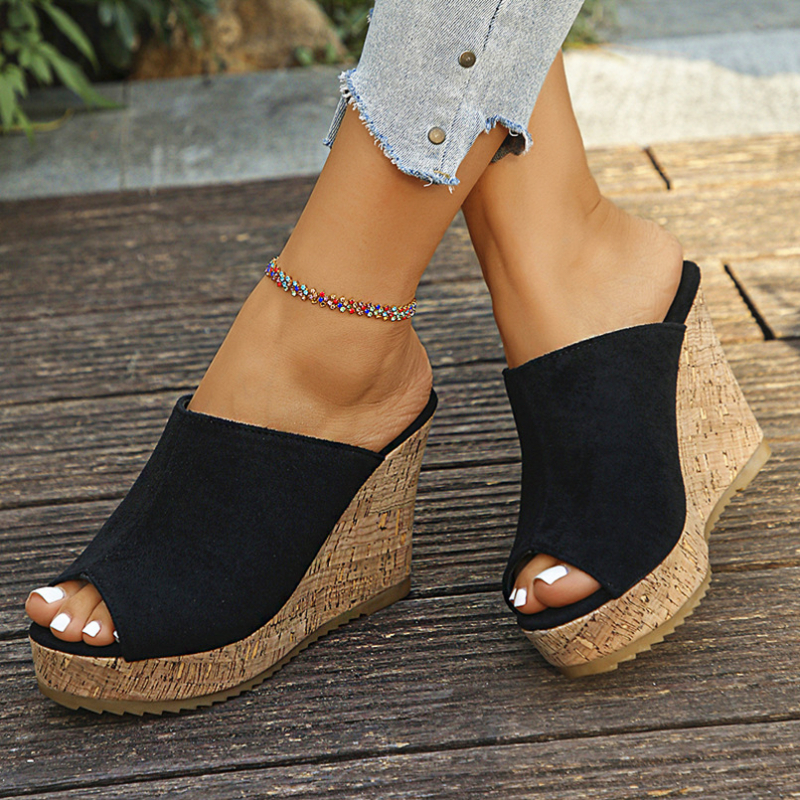 Ženske sandale s platformom i klinom, peep-toe, PU unutrašnjost, TPR đon, visina 6-8 cm