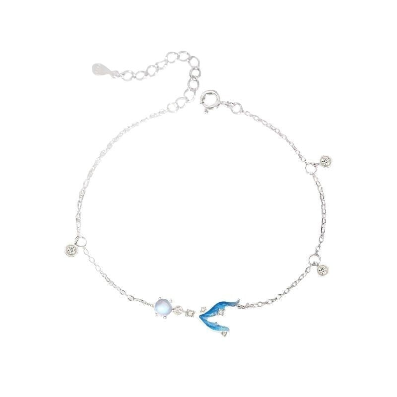 Sellőfarok fülbevaló nőknek, holdkő és gyémánt díszítéssel, réz elektroplatálásban bevont, állat/horoszkóp alak, tavasz 2025