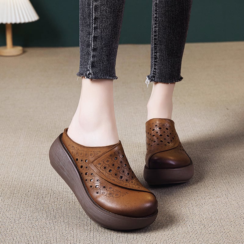 Platformos szandál valódi bőrből, retro stílus, zárt orr, PU talp, 5–8 cm-es sarka