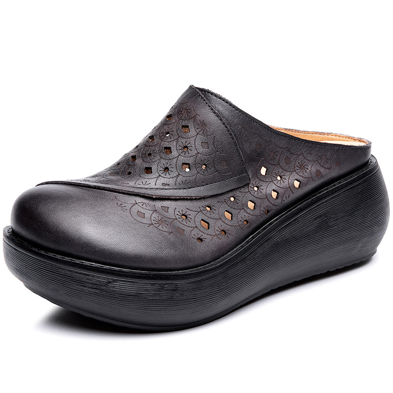 Platformos szandál valódi bőrből, retro stílus, zárt orr, PU talp, 5–8 cm-es sarka