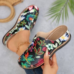 Női virágos slip-on papucs, plüss felső, gumi talp, könnyű