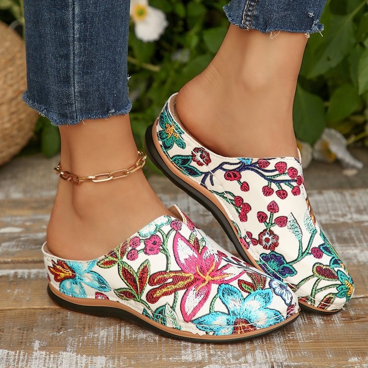 Női virágos slip-on papucs, plüss felső, gumi talp, könnyű