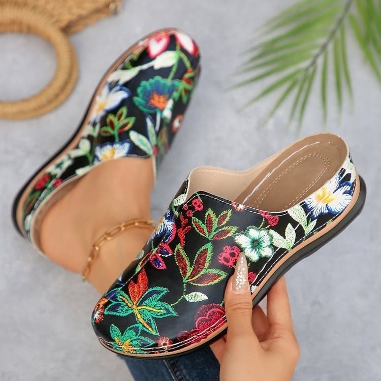 Női virágos slip-on papucs, plüss felső, gumi talp, könnyű