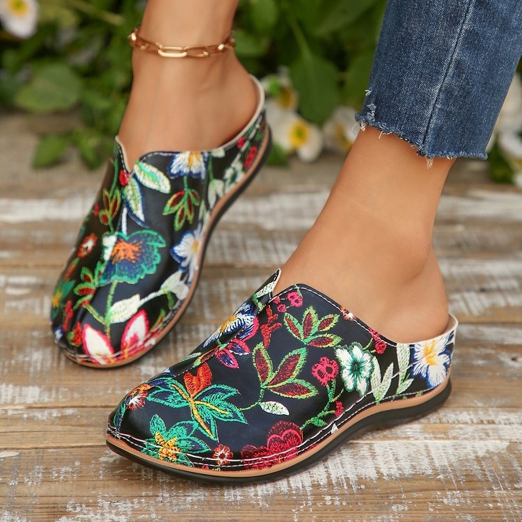 Női virágos slip-on papucs, plüss felső, gumi talp, könnyű