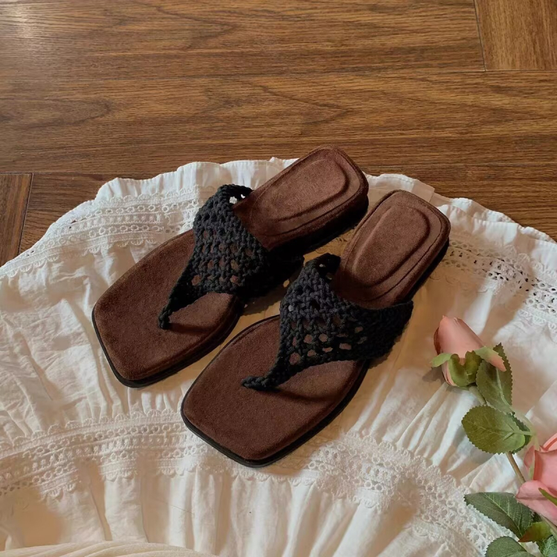 Ženske sandale s povećanjem visine za 4 cm, boemski otvoreni kukičani uzorak, četvrtasta špička, gumeni đon