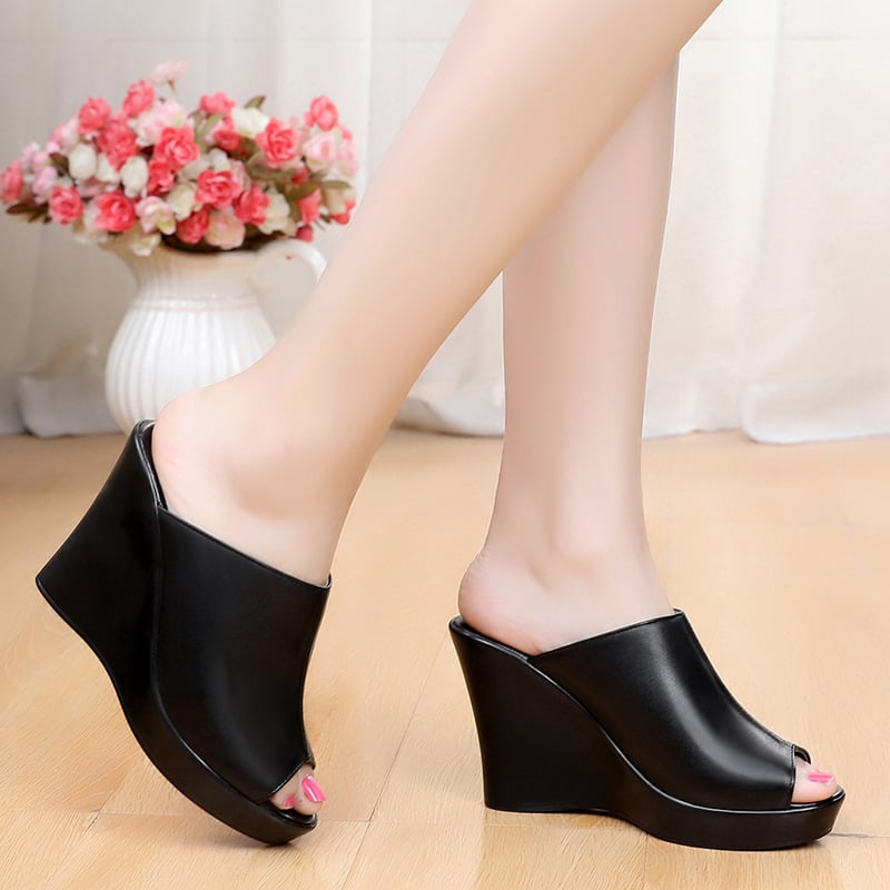 Дамски кожени клиновидни сандали с платформа, върхът от първокачествена телешка кожа, PU подметка, вътрешност от имитационна кожа, ретро стил