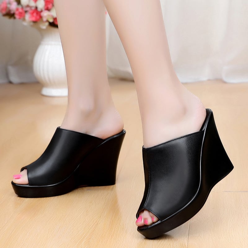 Дамски кожени клиновидни сандали с платформа, върхът от първокачествена телешка кожа, PU подметка, вътрешност от имитационна кожа, ретро стил