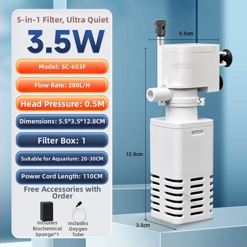 Akvarijná ponorná filtrácia čerpadlo s integrovaným filtrom a okysličovaním, 3-v-1 cirkulačný systém, plast, 200 g, Water Pet Family