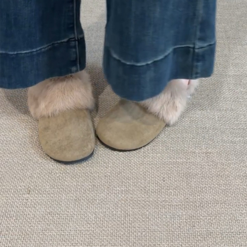 Ženske papuče od nubuka, retro stil, okrugli vrh, unutrašnjost od vune i kašmira, gumeni đon