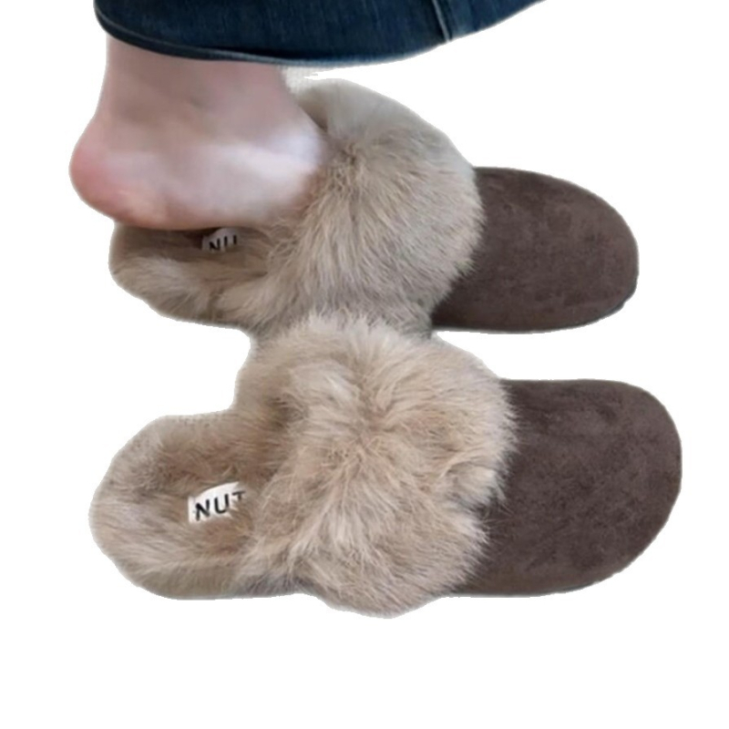 Ženske papuče od nubuka, retro stil, okrugli vrh, unutrašnjost od vune i kašmira, gumeni đon