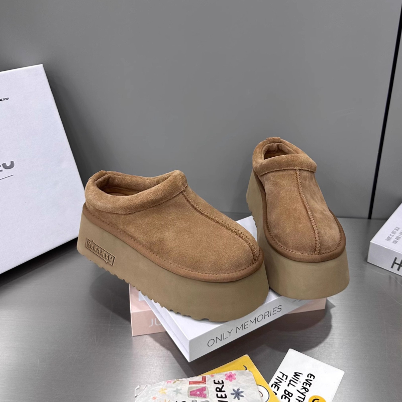 Baotou half-slippers za žene, gornji dio od Super Fiber, uzdignuta platforma, zaobljena vrh, gumena potplat, Zima 2025