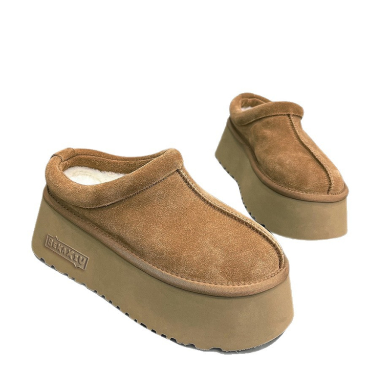 Baotou half-slippers za žene, gornji dio od Super Fiber, uzdignuta platforma, zaobljena vrh, gumena potplat, Zima 2025