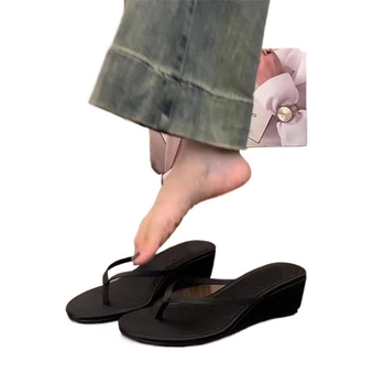 Ženske thong sandale s klina — gornji dio PU, gumenom potplatom, jednobojni model, debljina potplata 0–3 cm, elegantan stil
