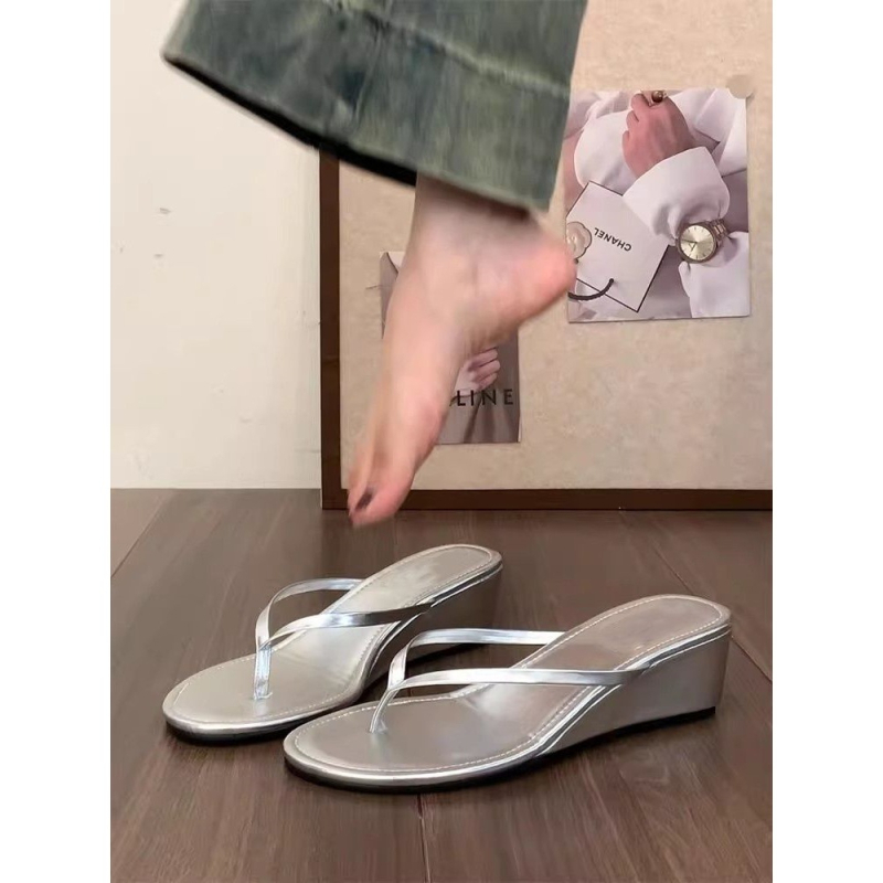 Ženske thong sandale s klina — gornji dio PU, gumenom potplatom, jednobojni model, debljina potplata 0–3 cm, elegantan stil