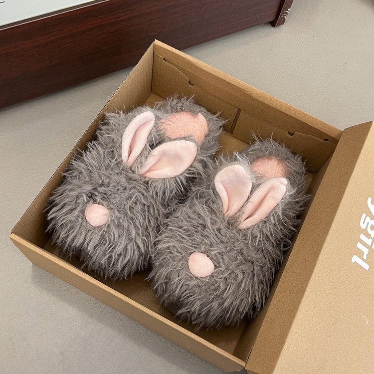 Ženske papuče s debelim potplatom za povećanje visine, s okruglim prstom i dizajnom zajca, vanjski umjetni pliš, unutarnja obloga od umjetne krzna, EVA potplat, jesen-zima 2025, kućna uporaba