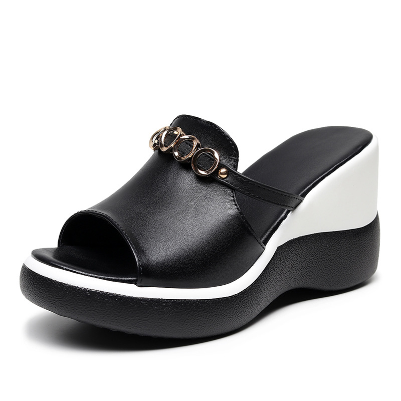 Casual sandale s klinastim petom, gornji dio od prave kože, podstava od umjetne kože, potplat PU, zatvaranje bez kopče (slip-on), ljepilo gumeni potplat