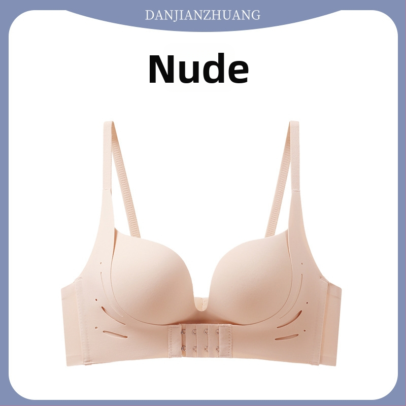 Bustier fără cusături cu închidere frontală, pentru sân mici, fără sârmă, cu cupuri 3/4, cupuri modelate (partea superioară subțire, cea inferioară mai groasă), din nylon