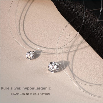 925-сребърна огърлица с инкрустирана моисанитова вставка, нишкова верижка, геометричен дизайн, лек лукс