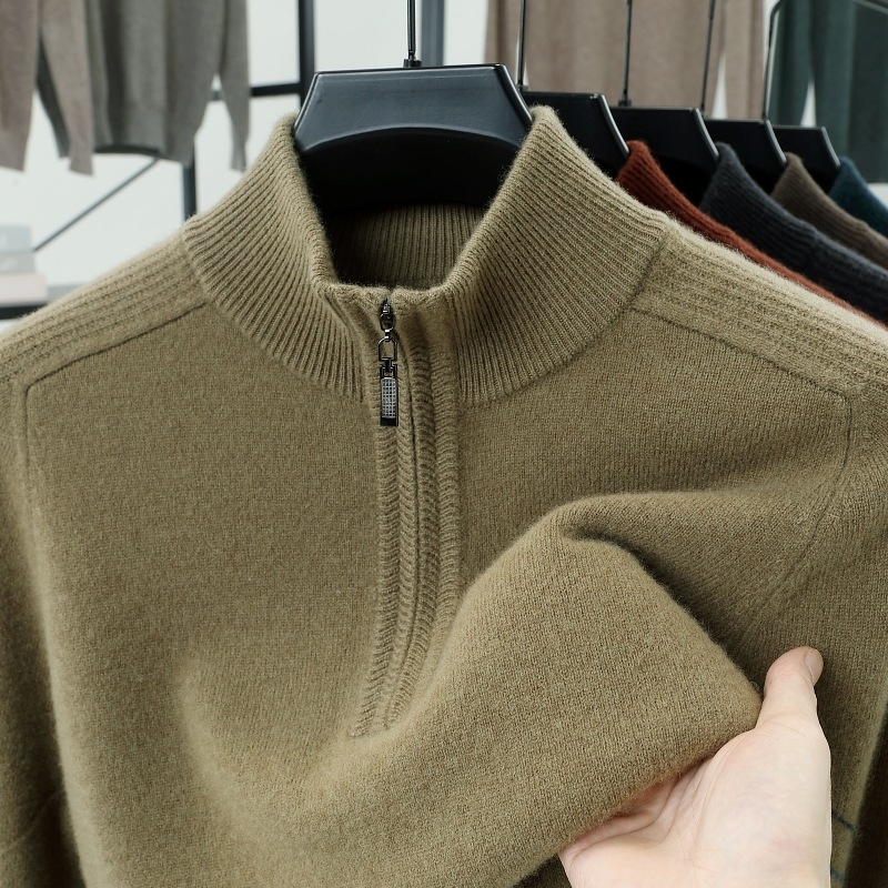 Džemper od 100% vune s polovičnim zipom, raglan rukavima, opušten kroj, stil business gentleman