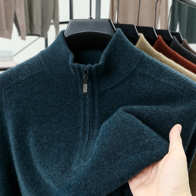Džemper od 100% vune s polovičnim zipom, raglan rukavima, opušten kroj, stil business gentleman