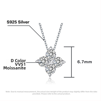 Огърлица с моиссанитова четирилистна детелина, 925 сребро, регулирана дължина 21–50 cm, за жени