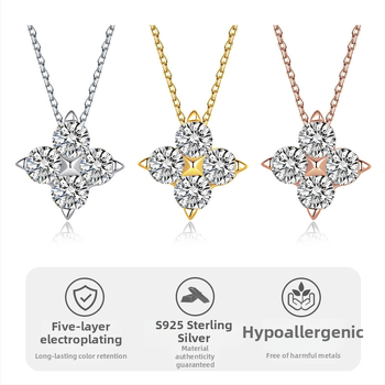 Огърлица с моиссанитова четирилистна детелина, 925 сребро, регулирана дължина 21–50 cm, за жени