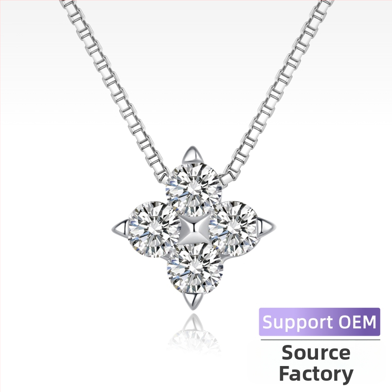 Огърлица с моиссанитова четирилистна детелина, 925 сребро, регулирана дължина 21–50 cm, за жени